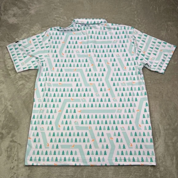 Waggle Fox Holes Polo Shirt Mens L White Teal Pine Tree Fox Stretch Performance - Picture 3 of 9